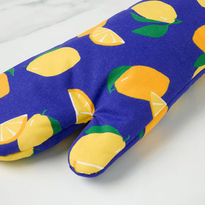 Lemon Party Oven Mitt 2-Pack Set, Heat Resistant, 100% Cotton, Navy Blue/Yellow, 7"x13"
