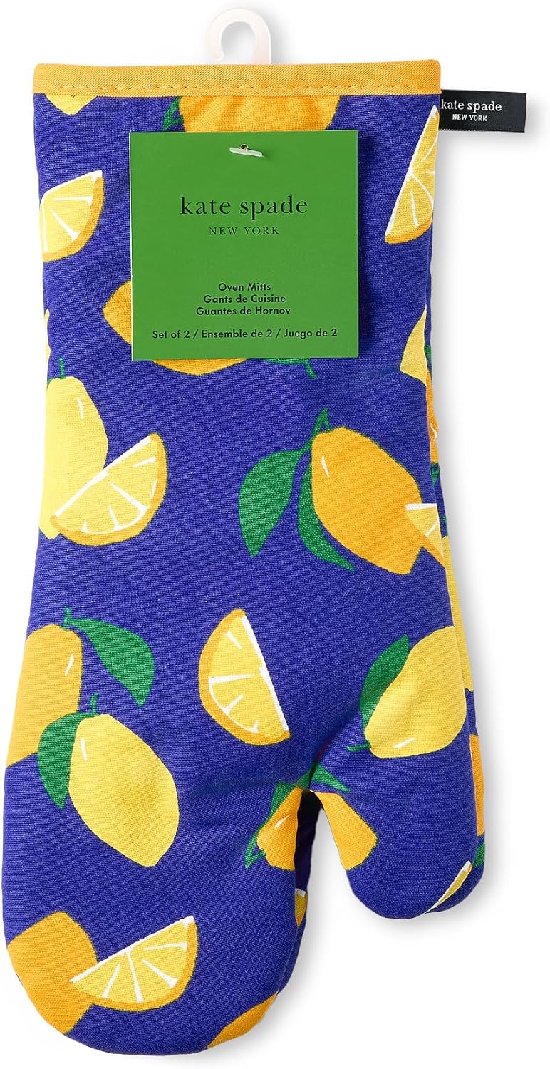 Lemon Party Oven Mitt 2-Pack Set, Heat Resistant, 100% Cotton, Navy Blue/Yellow, 7"x13"