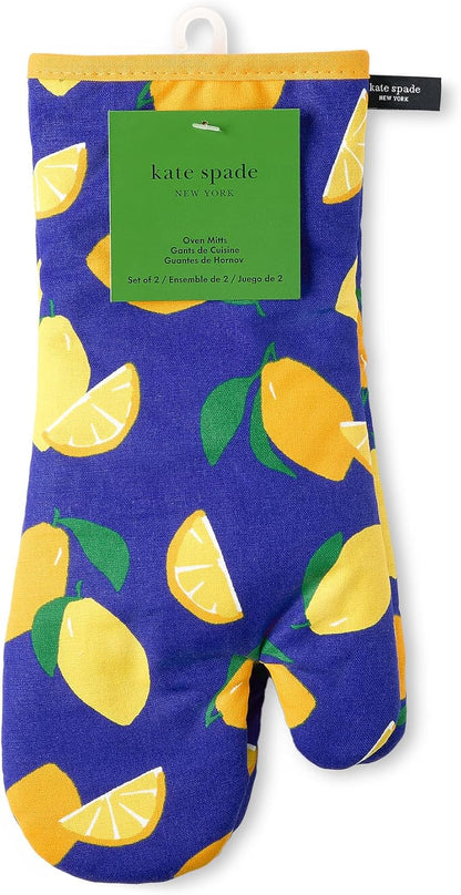 Lemon Party Oven Mitt 2-Pack Set, Heat Resistant, 100% Cotton, Navy Blue/Yellow, 7"x13"
