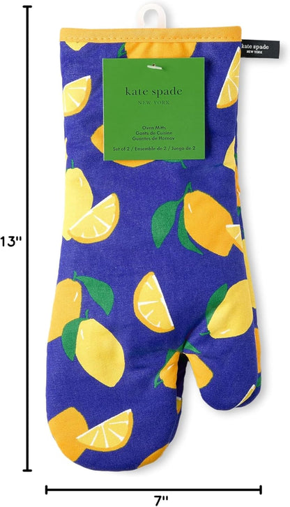 Lemon Party Oven Mitt 2-Pack Set, Heat Resistant, 100% Cotton, Navy Blue/Yellow, 7"x13"