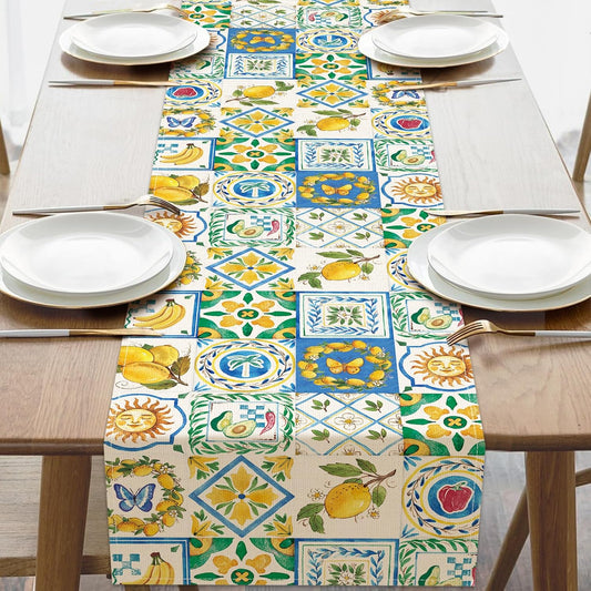 Capri Lemon Mediterranean Tile Dining Table Runner, Italy Amalfi Coast Fruit Geometric Floral Burlap Kitchen Decoration, Summer Italian Moroccan Indoor Outdoor Home Decor Party Supply 13''x72''