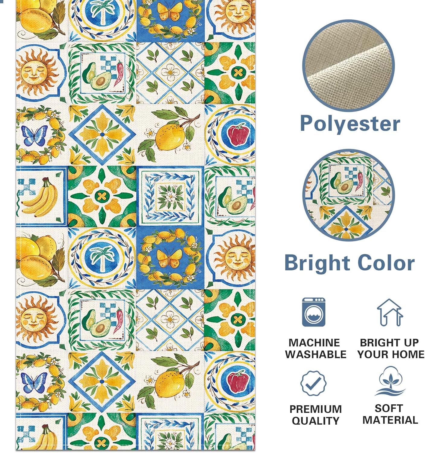 Capri Lemon Mediterranean Tile Dining Table Runner, Italy Amalfi Coast Fruit Geometric Floral Burlap Kitchen Decoration, Summer Italian Moroccan Indoor Outdoor Home Decor Party Supply 13''x72''