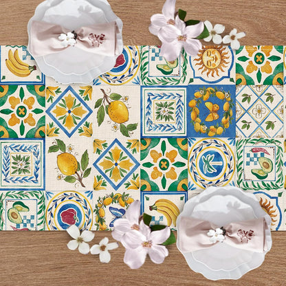 Capri Lemon Mediterranean Tile Dining Table Runner, Italy Amalfi Coast Fruit Geometric Floral Burlap Kitchen Decoration, Summer Italian Moroccan Indoor Outdoor Home Decor Party Supply 13''x72''