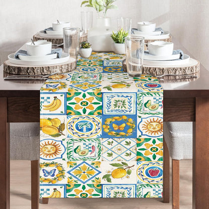 Capri Lemon Mediterranean Tile Dining Table Runner, Italy Amalfi Coast Fruit Geometric Floral Burlap Kitchen Decoration, Summer Italian Moroccan Indoor Outdoor Home Decor Party Supply 13''x72''