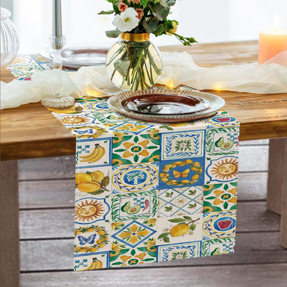 Capri Lemon Mediterranean Tile Dining Table Runner, Italy Amalfi Coast Fruit Geometric Floral Burlap Kitchen Decoration, Summer Italian Moroccan Indoor Outdoor Home Decor Party Supply 13''x72''