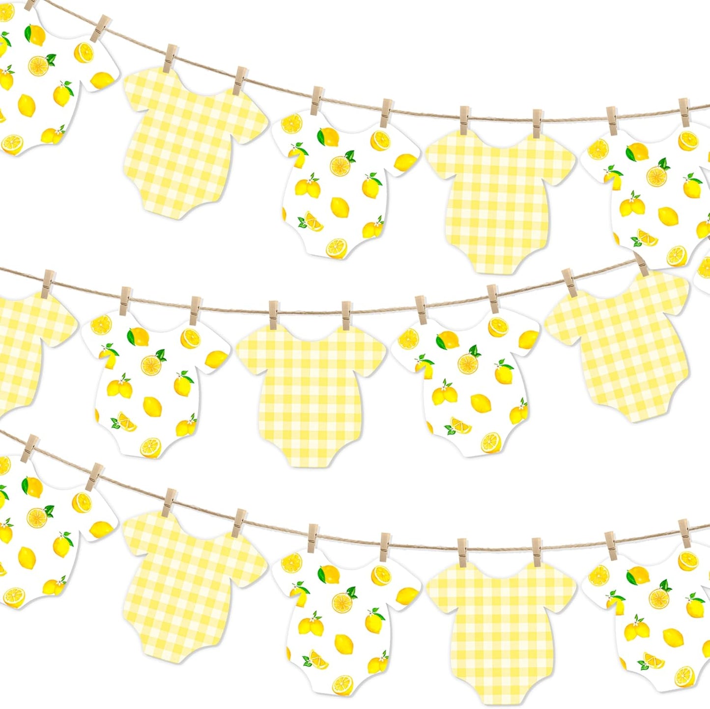 Lemon Themed Baby Shower Bunting Banner Yellow Checkered Onesie Garland with Wooden Clips for Citrus First Birthday, Sweet One Party Decorations