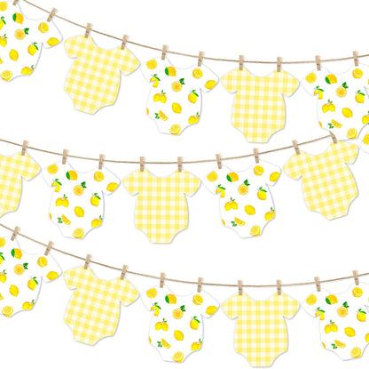Lemon Themed Baby Shower Bunting Banner Yellow Checkered Onesie Garland with Wooden Clips for Citrus First Birthday, Sweet One Party Decorations