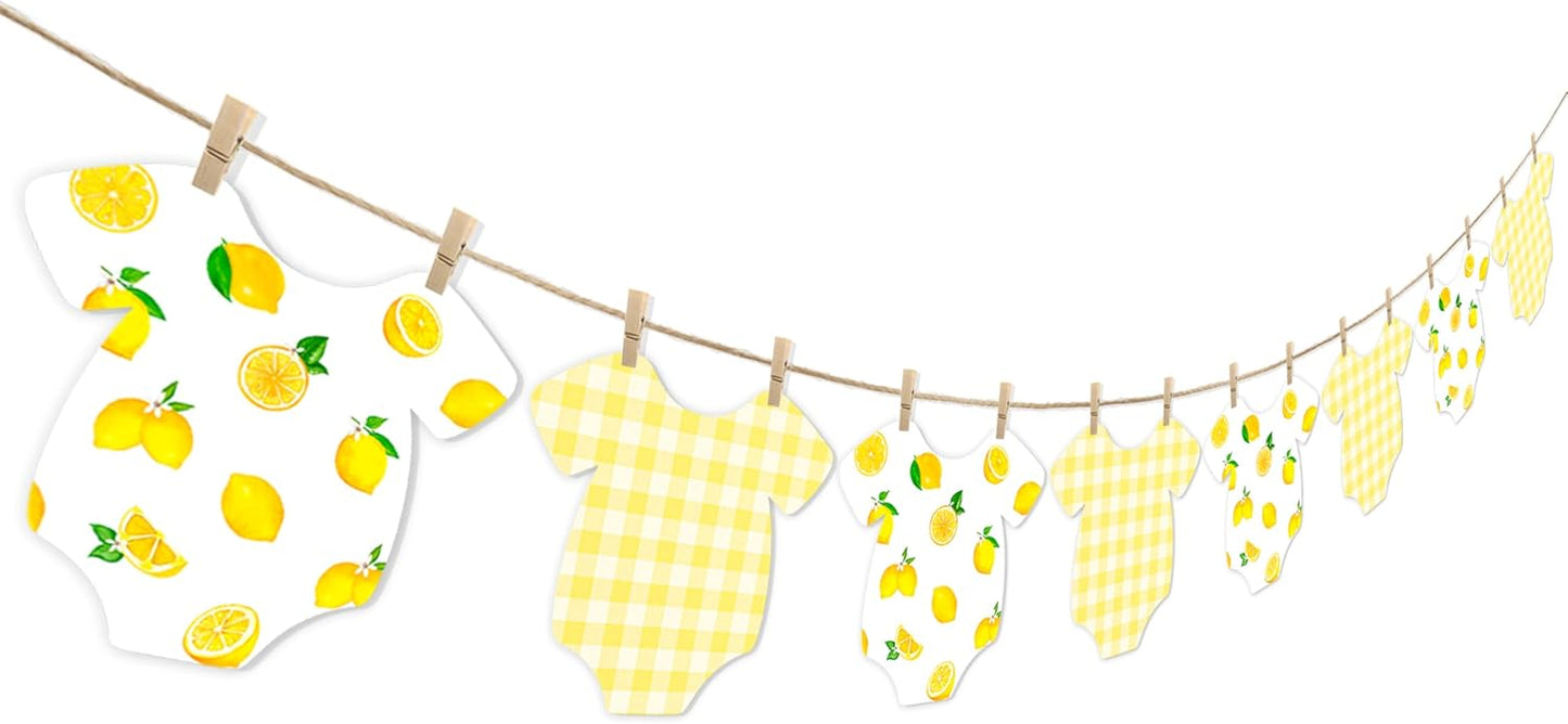 Lemon Themed Baby Shower Bunting Banner Yellow Checkered Onesie Garland with Wooden Clips for Citrus First Birthday, Sweet One Party Decorations