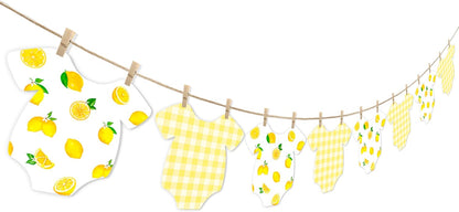 Lemon Themed Baby Shower Bunting Banner Yellow Checkered Onesie Garland with Wooden Clips for Citrus First Birthday, Sweet One Party Decorations
