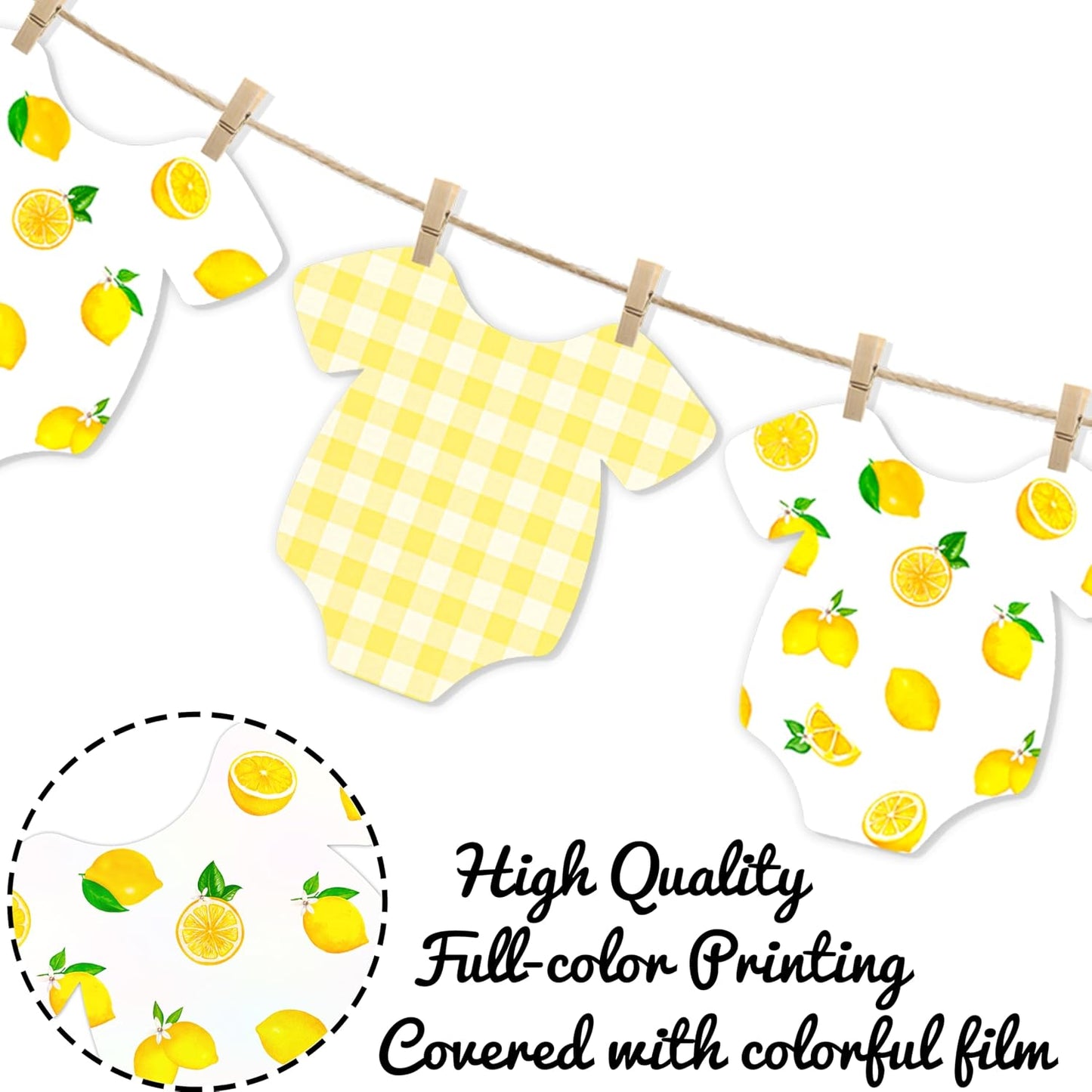 Lemon Themed Baby Shower Bunting Banner Yellow Checkered Onesie Garland with Wooden Clips for Citrus First Birthday, Sweet One Party Decorations