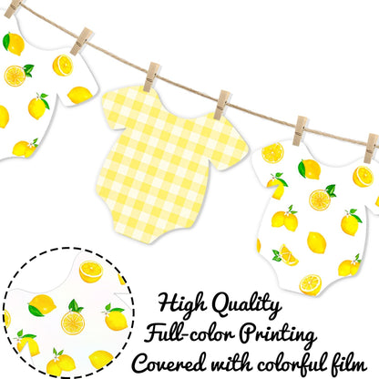 Lemon Themed Baby Shower Bunting Banner Yellow Checkered Onesie Garland with Wooden Clips for Citrus First Birthday, Sweet One Party Decorations