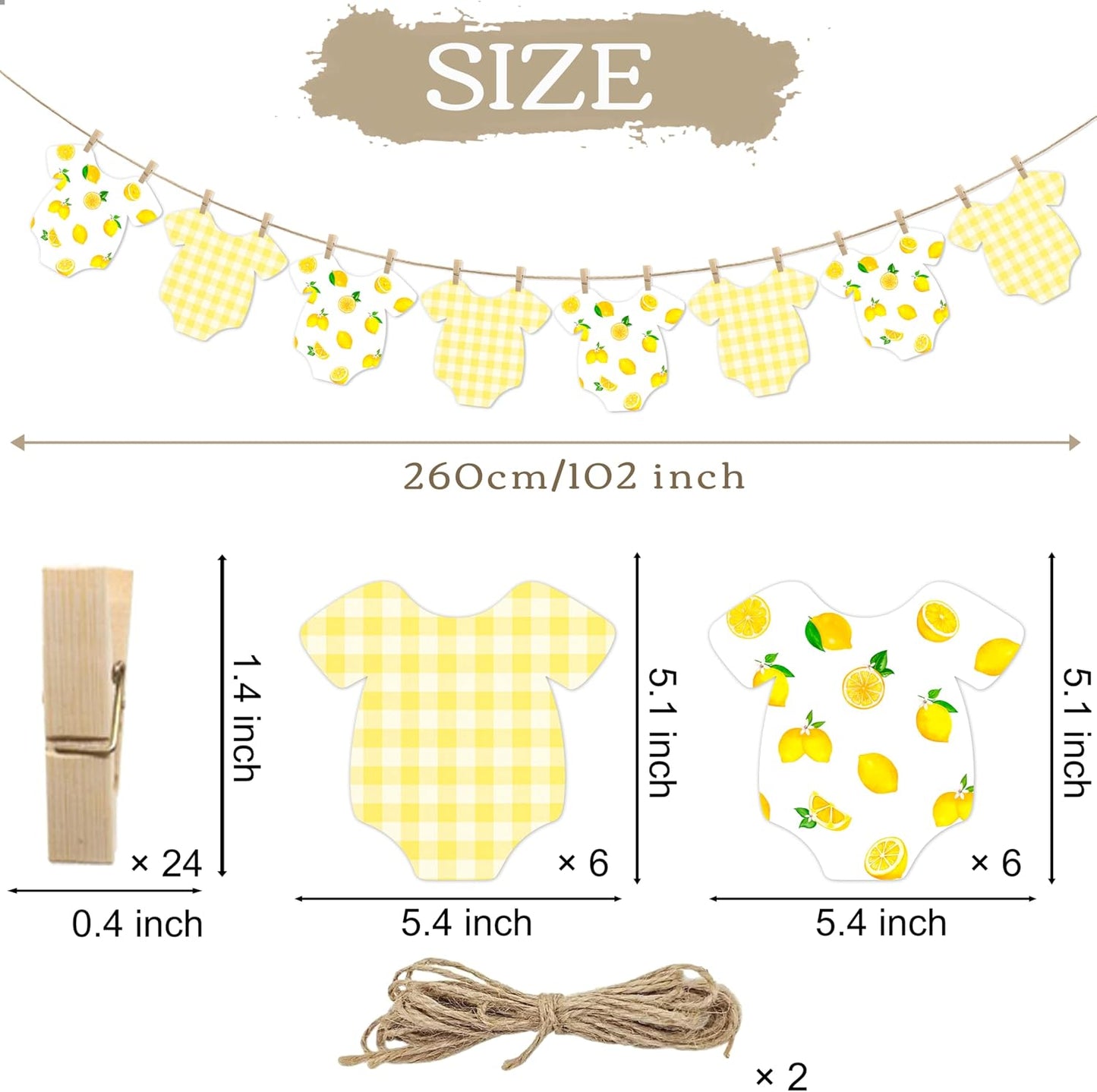Lemon Themed Baby Shower Bunting Banner Yellow Checkered Onesie Garland with Wooden Clips for Citrus First Birthday, Sweet One Party Decorations