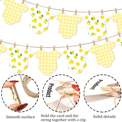 Lemon Themed Baby Shower Bunting Banner Yellow Checkered Onesie Garland with Wooden Clips for Citrus First Birthday, Sweet One Party Decorations