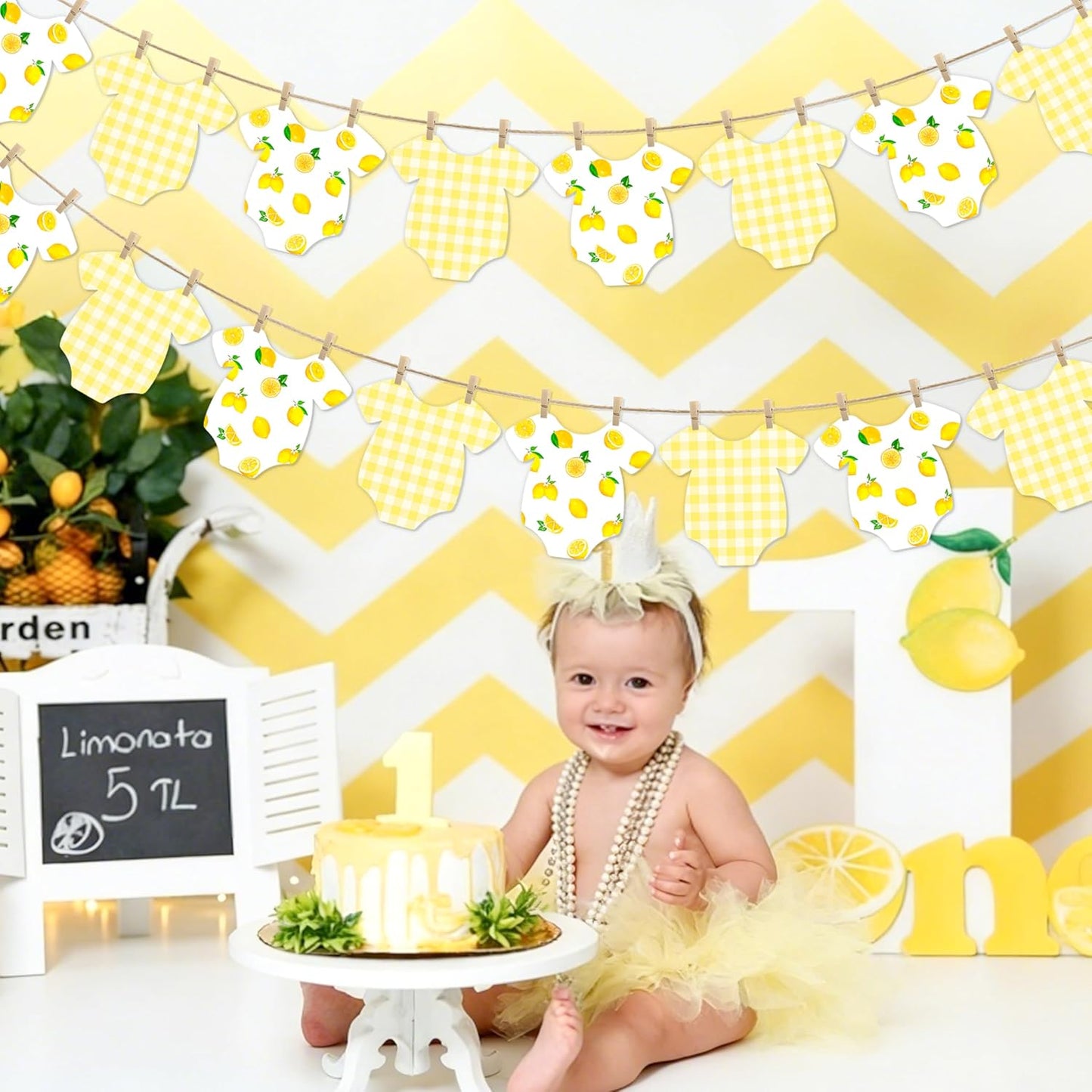 Lemon Themed Baby Shower Bunting Banner Yellow Checkered Onesie Garland with Wooden Clips for Citrus First Birthday, Sweet One Party Decorations
