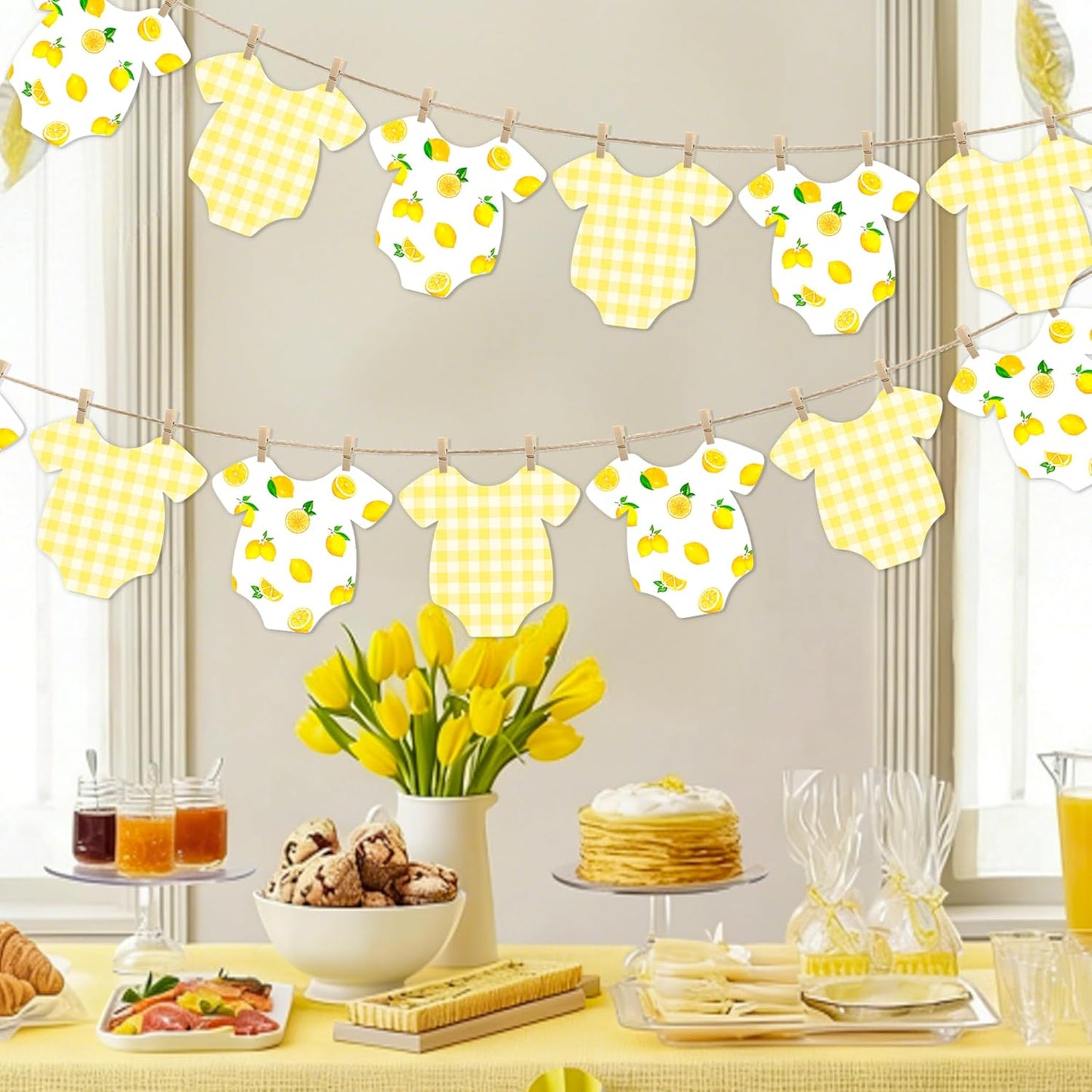 Lemon Themed Baby Shower Bunting Banner Yellow Checkered Onesie Garland with Wooden Clips for Citrus First Birthday, Sweet One Party Decorations