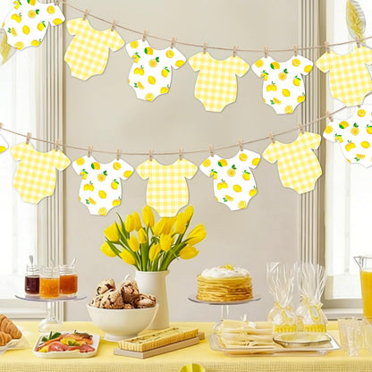 Lemon Themed Baby Shower Bunting Banner Yellow Checkered Onesie Garland with Wooden Clips for Citrus First Birthday, Sweet One Party Decorations