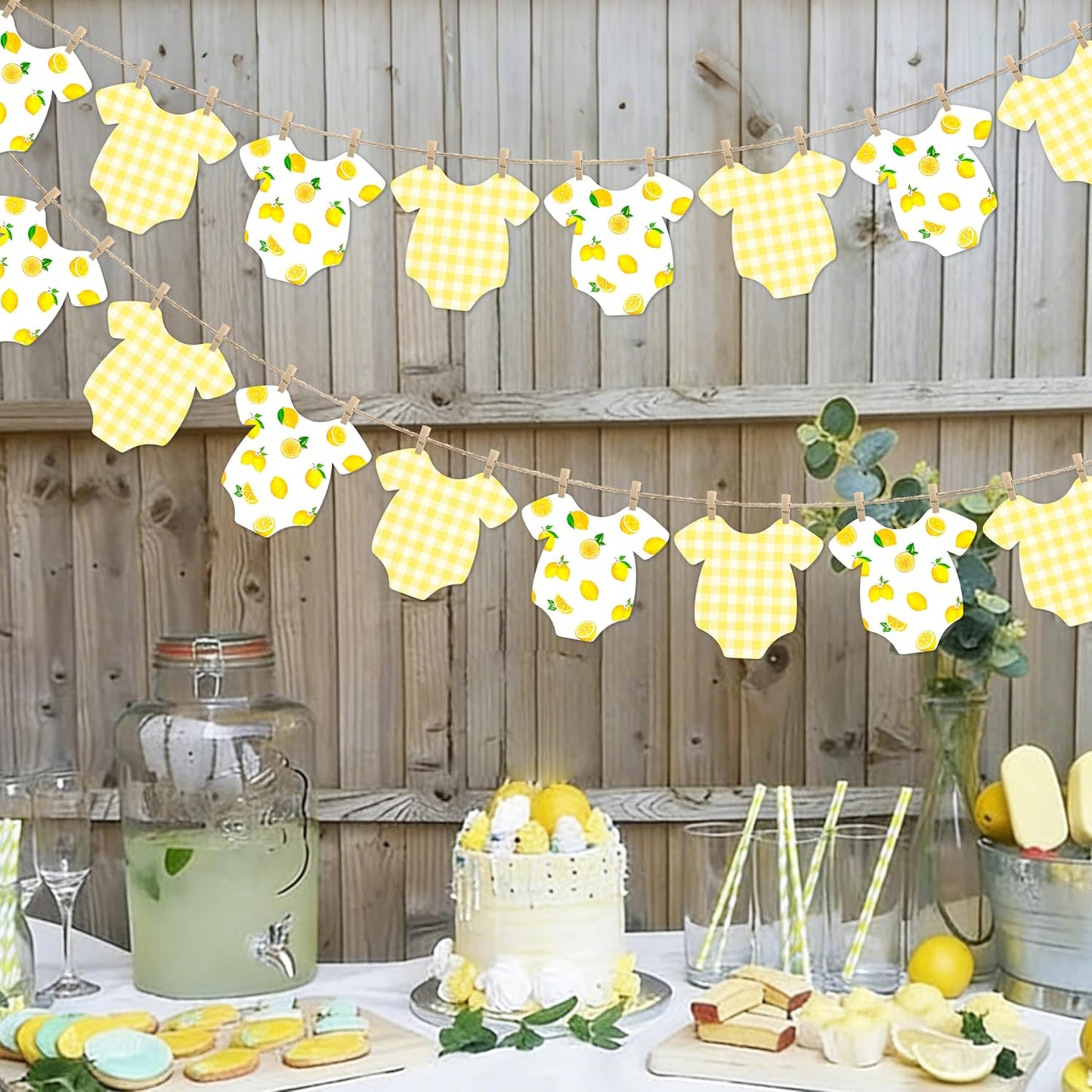 Lemon Themed Baby Shower Bunting Banner Yellow Checkered Onesie Garland with Wooden Clips for Citrus First Birthday, Sweet One Party Decorations