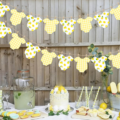 Lemon Themed Baby Shower Bunting Banner Yellow Checkered Onesie Garland with Wooden Clips for Citrus First Birthday, Sweet One Party Decorations