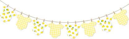 Lemon Themed Baby Shower Bunting Banner Yellow Checkered Onesie Garland with Wooden Clips for Citrus First Birthday, Sweet One Party Decorations