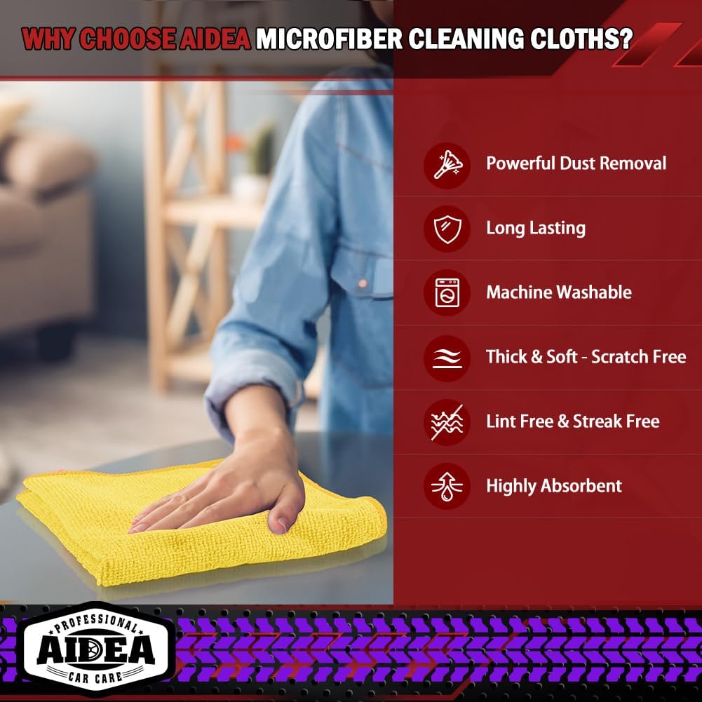 AIDEA Microfiber Cleaning Cloth-10PK, Microfiber Towels for Cars, 12"×12" | Premium Car Cloths, Dusting Cloth Cleaning Rags, Cleaning Towels for SUVs, House, Kitchen, Window, Cleaning Supplies, Yellow