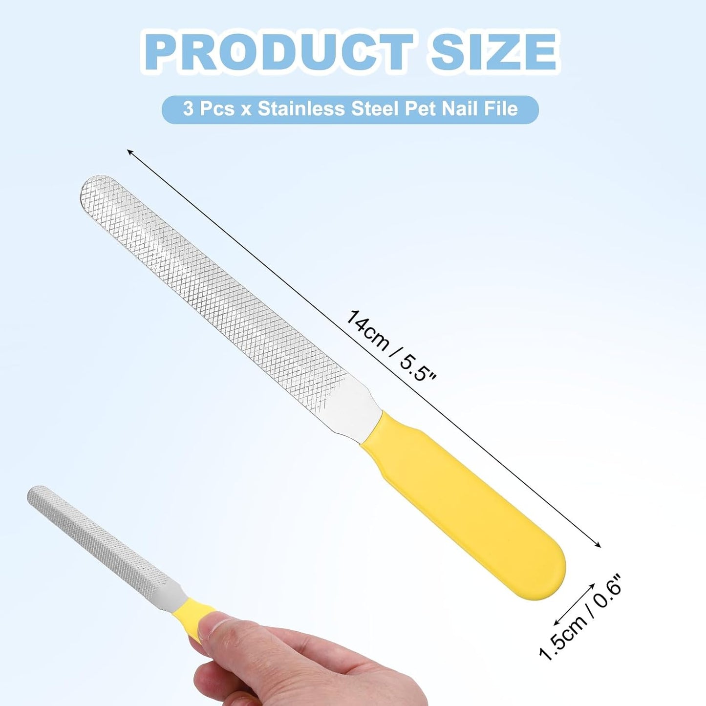 5.5x0.6 Inches Stainless Steel Pet Nail File, Durable Pet Claw Smoothing Rough Edges, Professional Nail Grooming Tool, for Indoor Dog Cat, (Yellow, 3 Pcs)