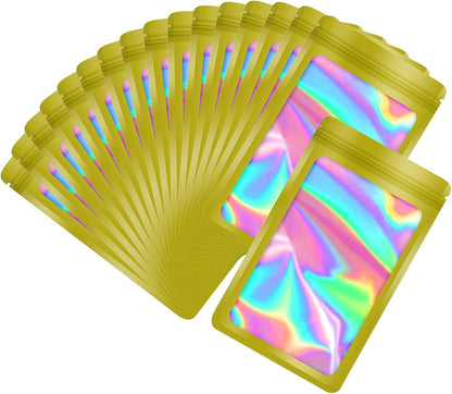 100-pack 5×5 inch mylar bags with clear window holographic resealable sealable packaging zip bag for small bussiness jewelry candy sample food packing supplies （yellow）