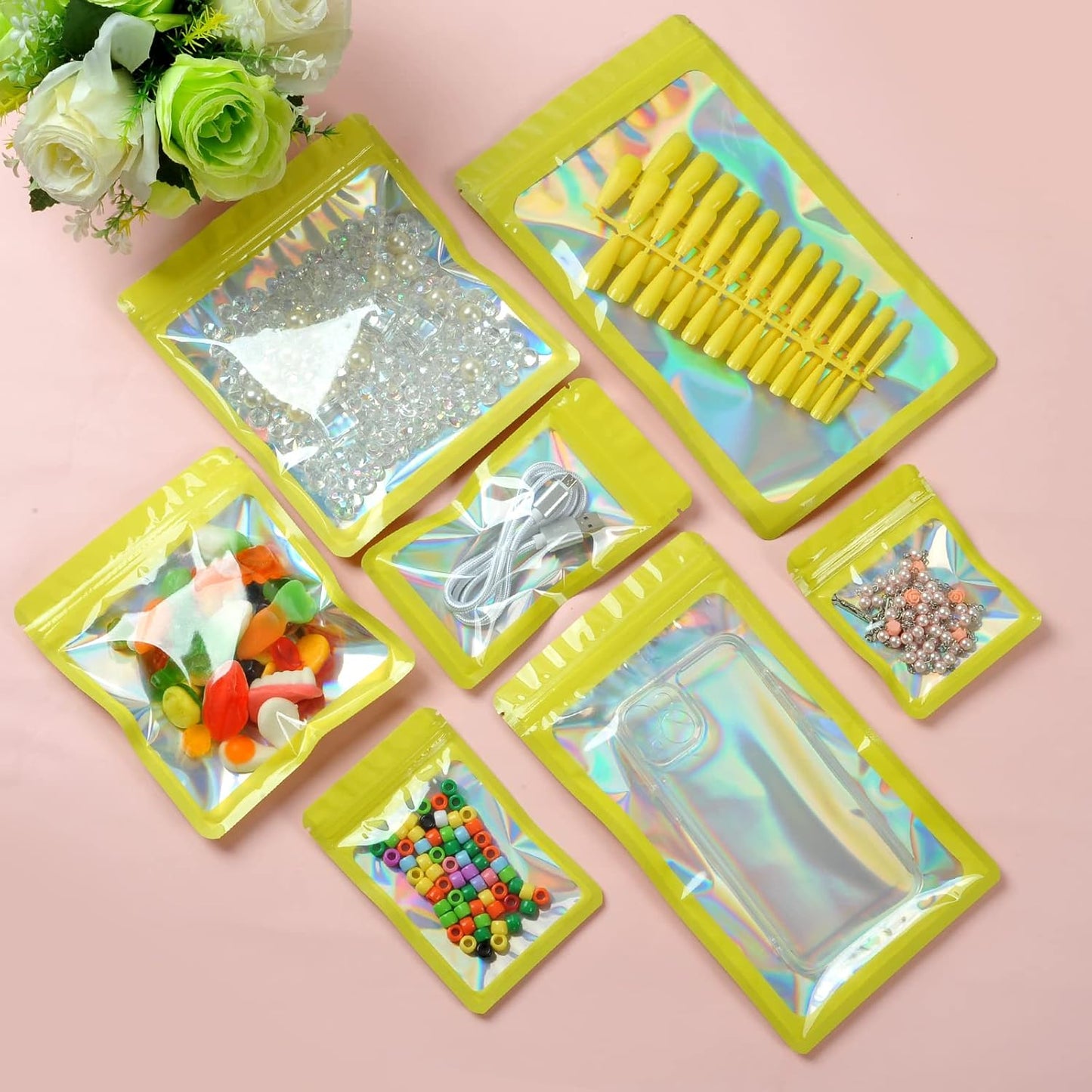 100-pack 5×5 inch mylar bags with clear window holographic resealable sealable packaging zip bag for small bussiness jewelry candy sample food packing supplies （yellow）