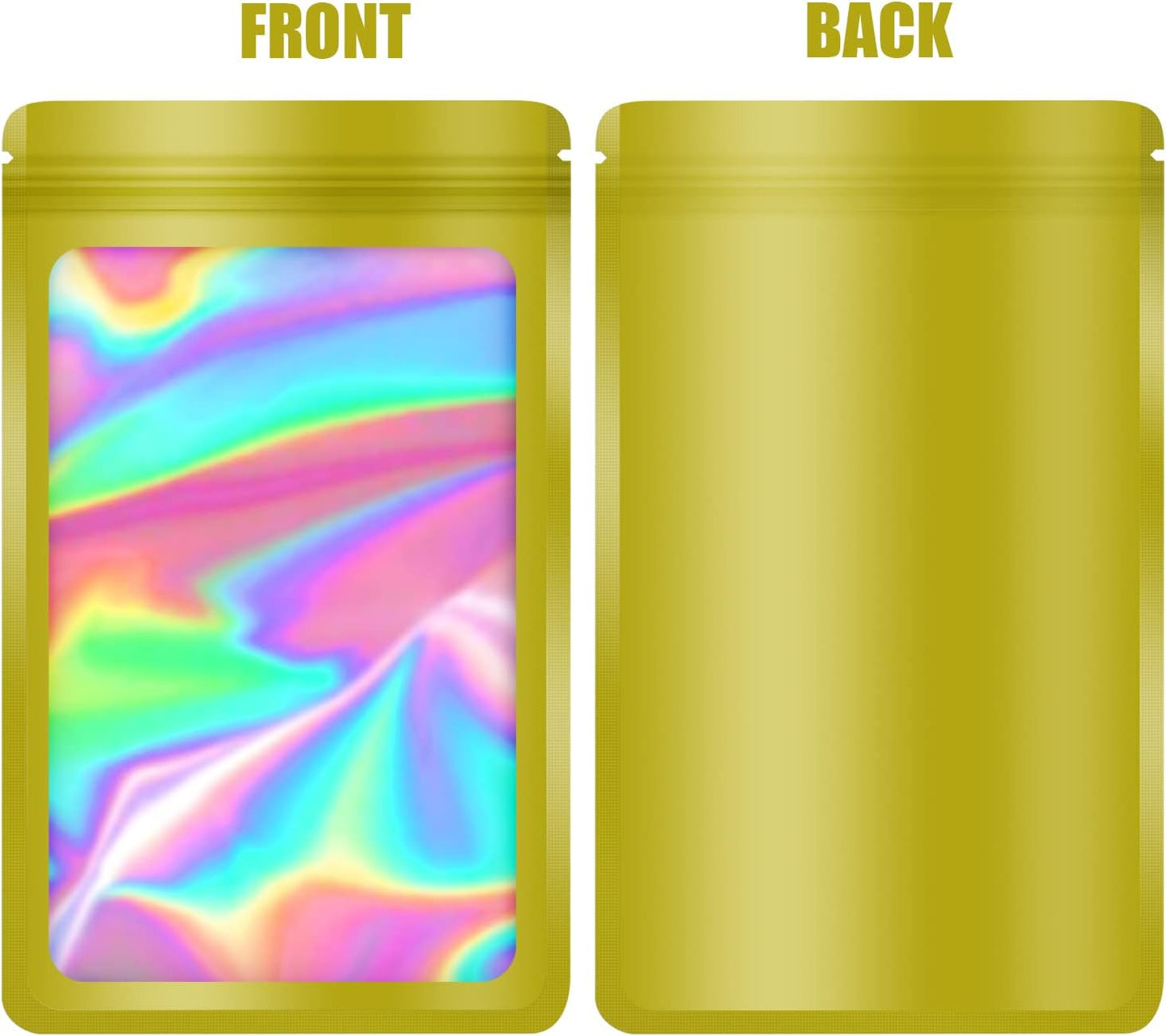 100-pack 5×5 inch mylar bags with clear window holographic resealable sealable packaging zip bag for small bussiness jewelry candy sample food packing supplies （yellow）