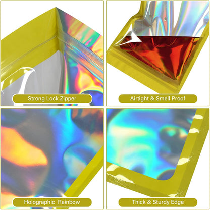 100-pack 5×5 inch mylar bags with clear window holographic resealable sealable packaging zip bag for small bussiness jewelry candy sample food packing supplies （yellow）