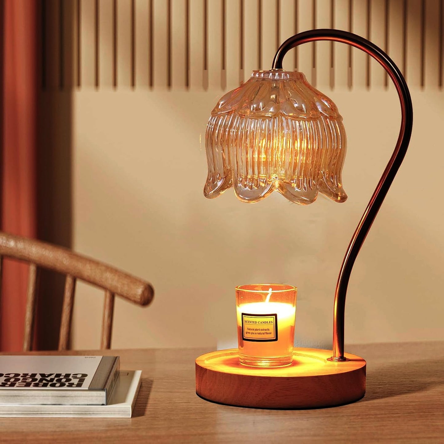 Fragrance Candle Warmer Lamp with 2 Bulbs Electric Candle Warmer with Timer & Dimmer for Home Decor Wax Melt for Small Large Size Jar Candles Retro Wooden Base