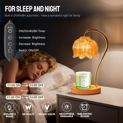 Fragrance Candle Warmer Lamp with 2 Bulbs Electric Candle Warmer with Timer & Dimmer for Home Decor Wax Melt for Small Large Size Jar Candles Retro Wooden Base