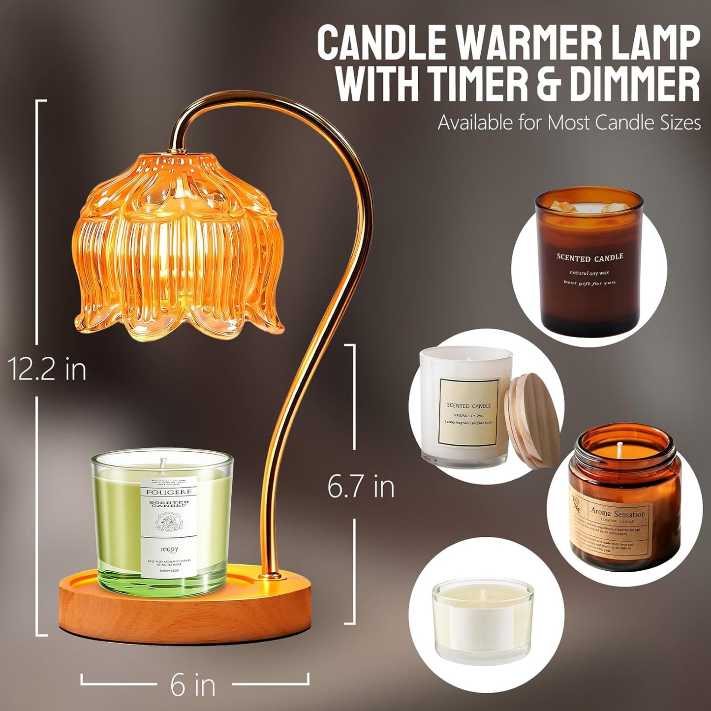 Fragrance Candle Warmer Lamp with 2 Bulbs Electric Candle Warmer with Timer & Dimmer for Home Decor Wax Melt for Small Large Size Jar Candles Retro Wooden Base