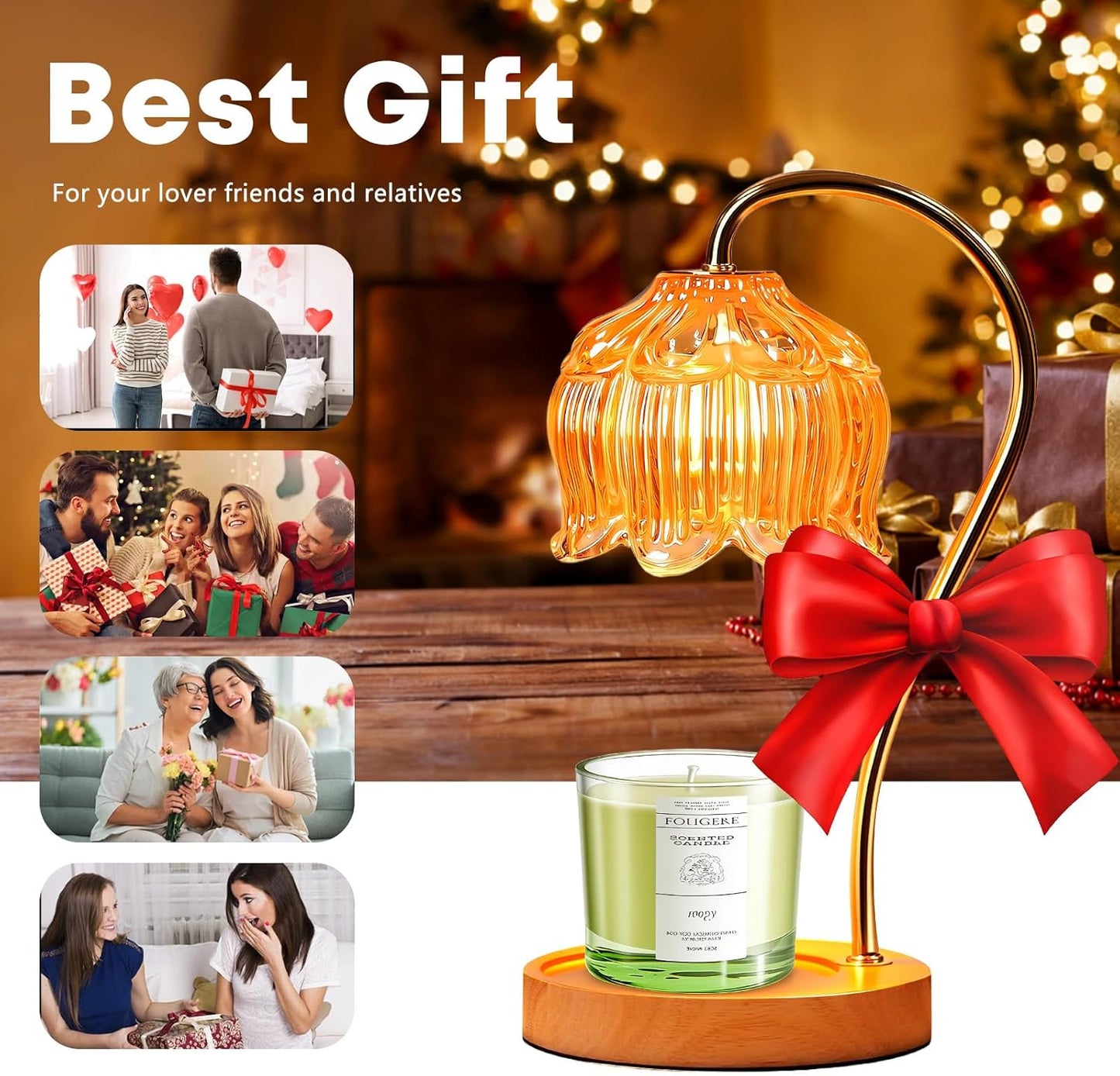 Fragrance Candle Warmer Lamp with 2 Bulbs Electric Candle Warmer with Timer & Dimmer for Home Decor Wax Melt for Small Large Size Jar Candles Retro Wooden Base