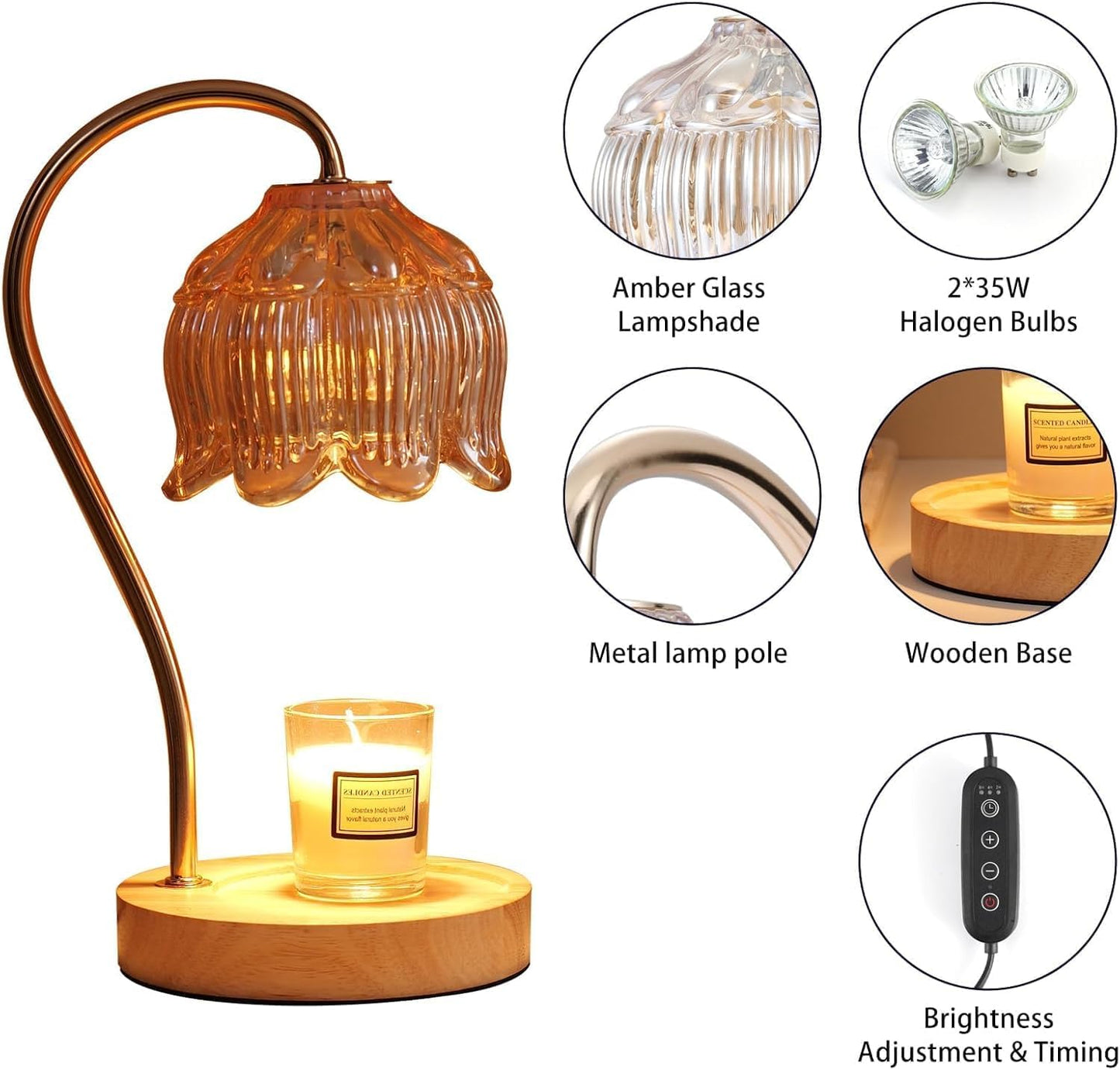 Fragrance Candle Warmer Lamp with 2 Bulbs Electric Candle Warmer with Timer & Dimmer for Home Decor Wax Melt for Small Large Size Jar Candles Retro Wooden Base