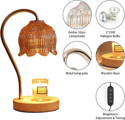 Fragrance Candle Warmer Lamp with 2 Bulbs Electric Candle Warmer with Timer & Dimmer for Home Decor Wax Melt for Small Large Size Jar Candles Retro Wooden Base