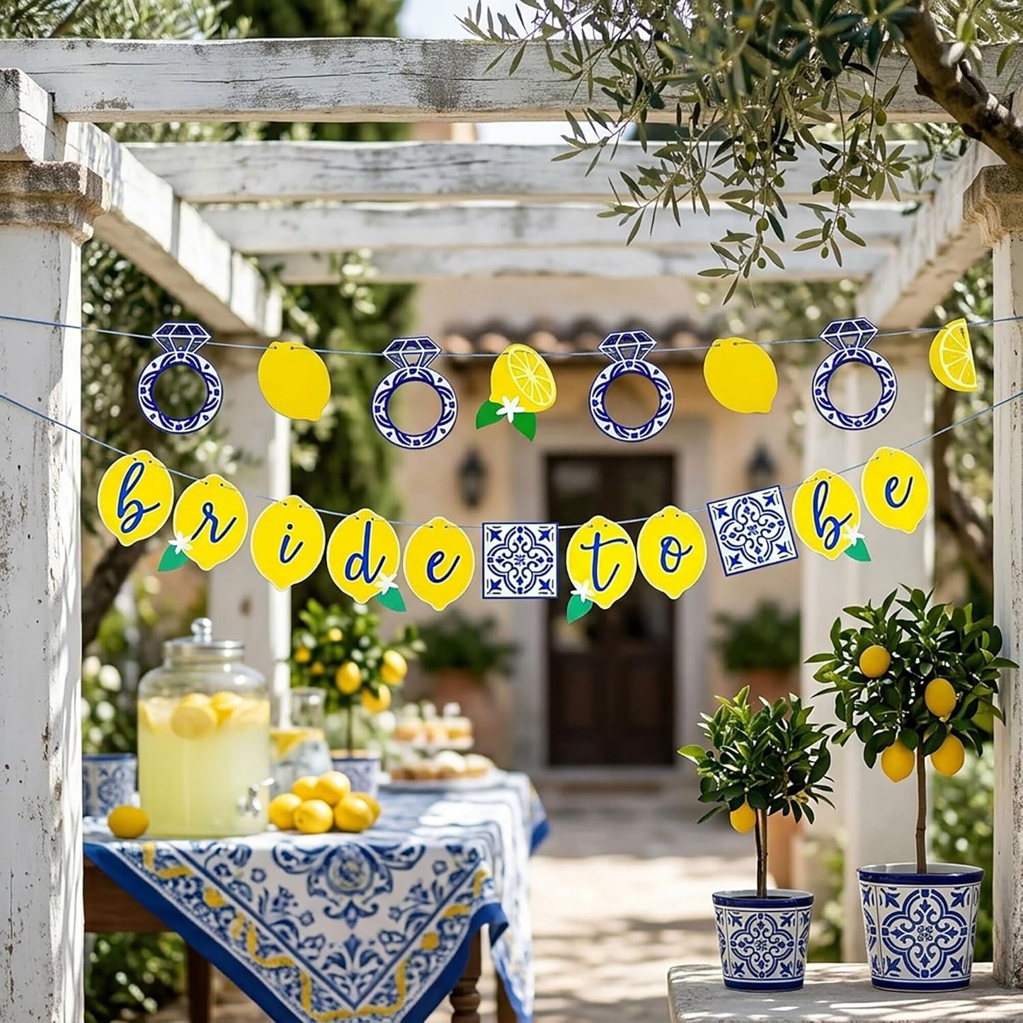 Lemon Bridal Decorations Capri Lemon Engagement Banner Blue Tiles And Bride to Be Banner Fruit Theme Bachelorette Party Decoration
