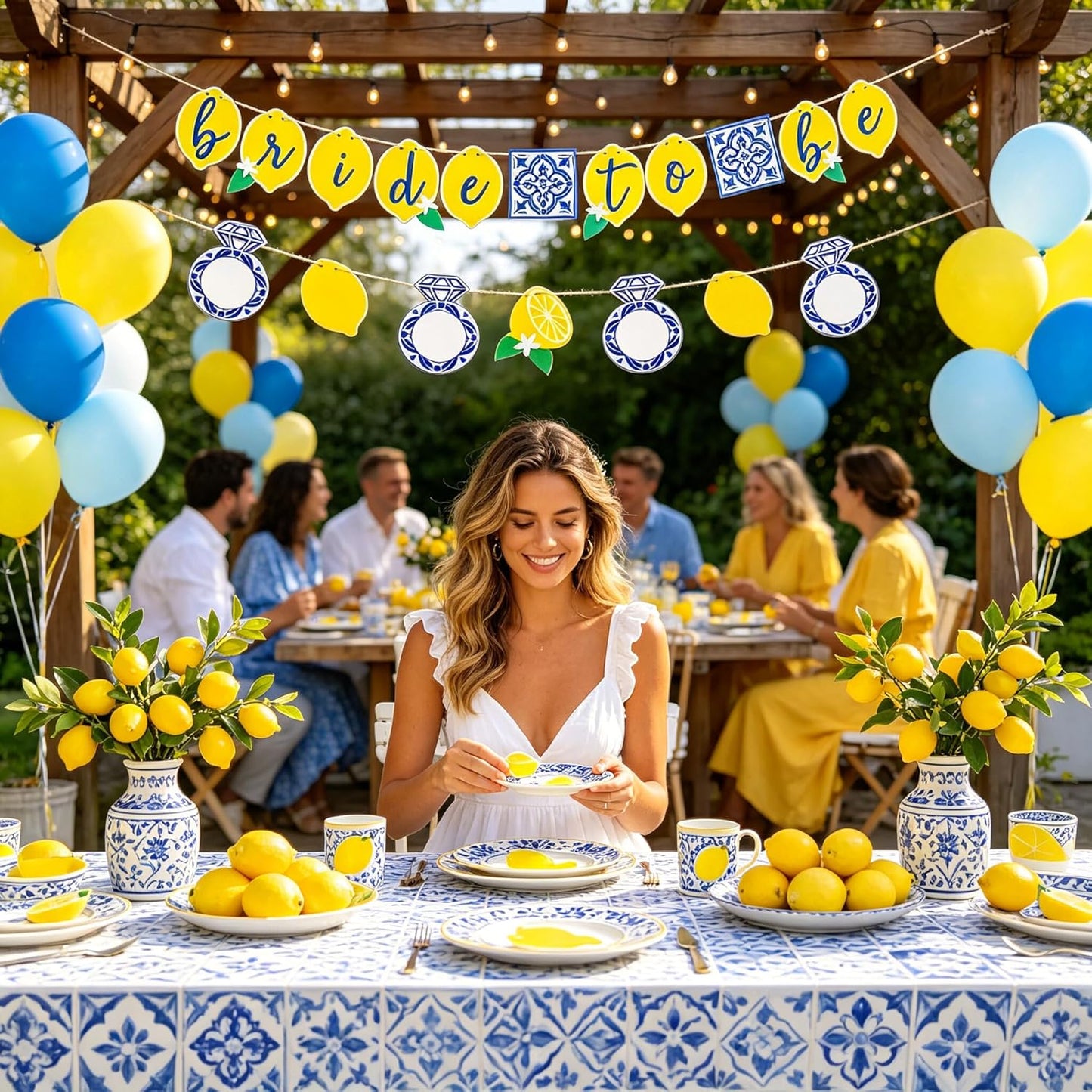 Lemon Bridal Decorations Capri Lemon Engagement Banner Blue Tiles And Bride to Be Banner Fruit Theme Bachelorette Party Decoration