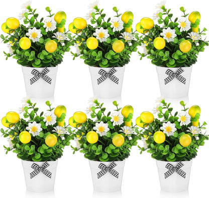 6 Pcs Lemon Centerpieces for Tables Artificial Lemon Decor Fake Daisy Plants with Leaves for Summer Wedding Home Farmhouse Office Kitchen Table Decoration