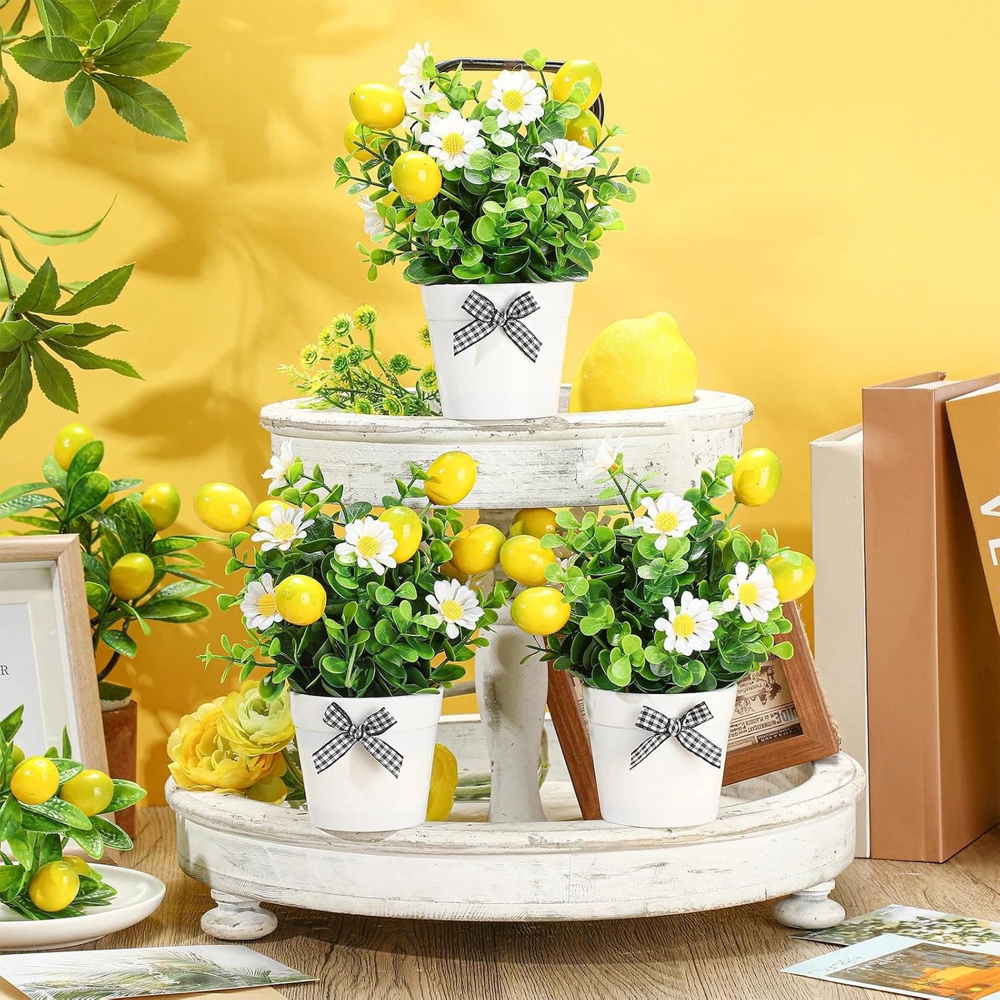 6 Pcs Lemon Centerpieces for Tables Artificial Lemon Decor Fake Daisy Plants with Leaves for Summer Wedding Home Farmhouse Office Kitchen Table Decoration