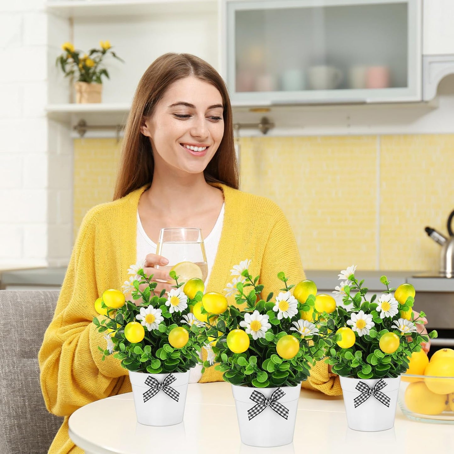 6 Pcs Lemon Centerpieces for Tables Artificial Lemon Decor Fake Daisy Plants with Leaves for Summer Wedding Home Farmhouse Office Kitchen Table Decoration