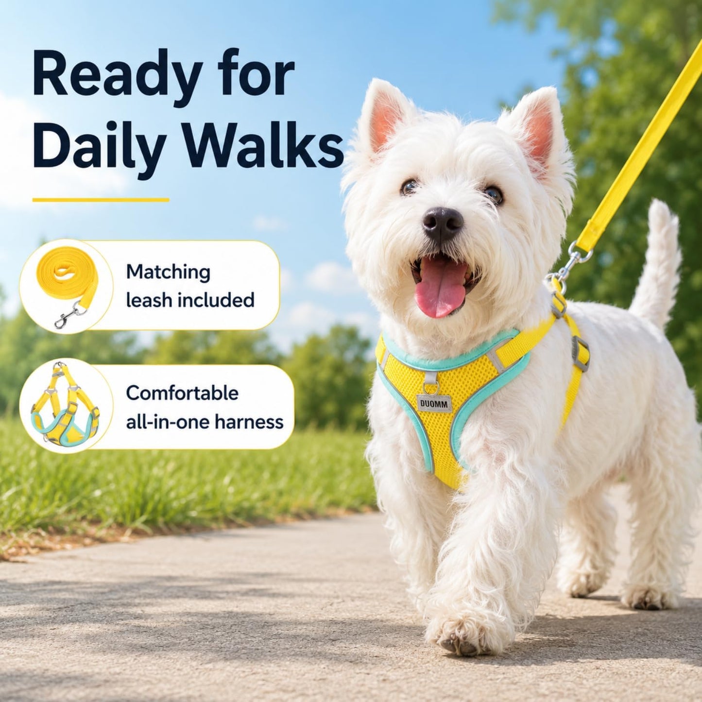Adjustable Dog Harness and Leash Set, Reflective Mesh Puppy Vest Harness for Small Dogs and Cats-Yellow, S