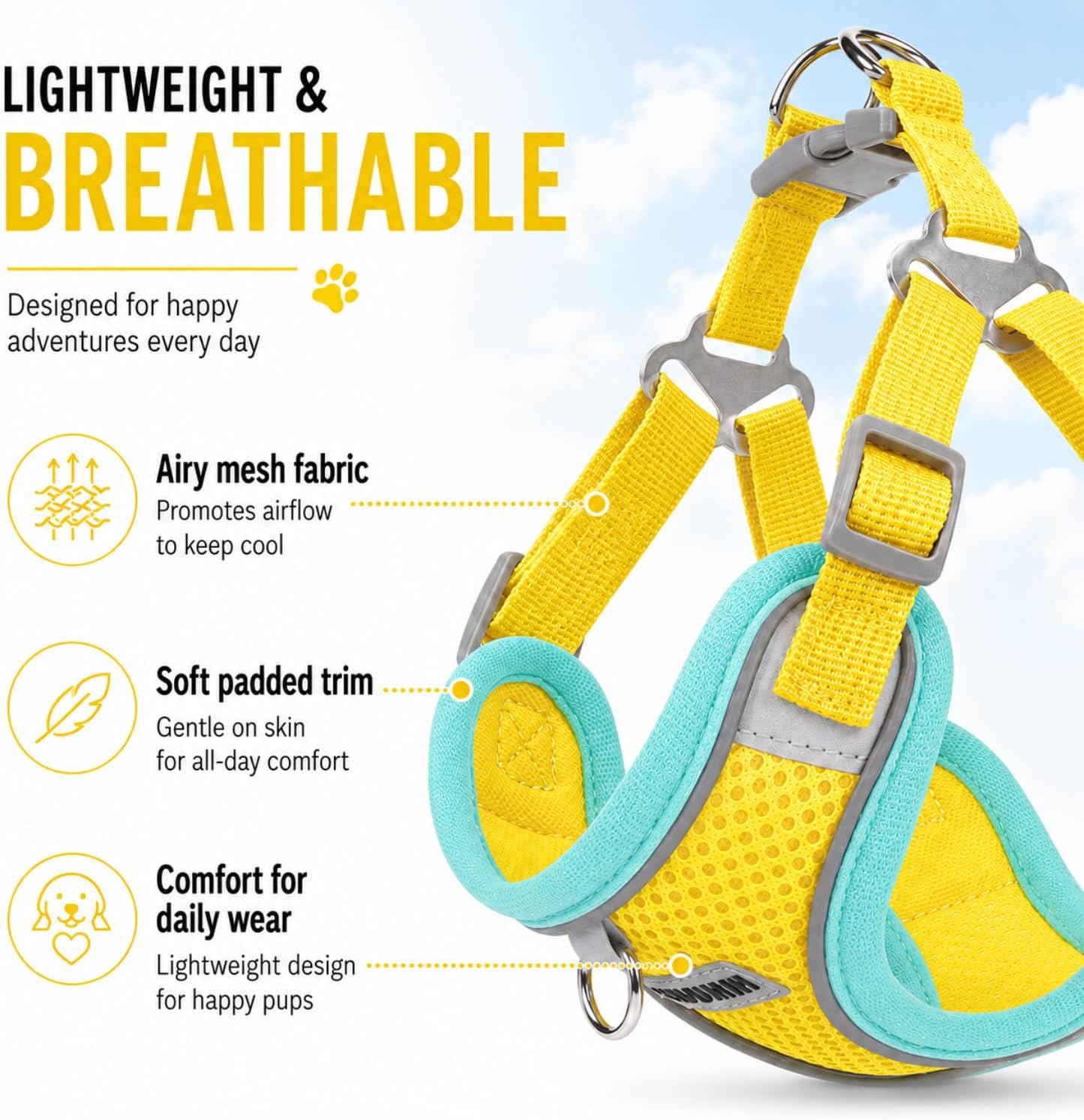 Adjustable Dog Harness and Leash Set, Reflective Mesh Puppy Vest Harness for Small Dogs and Cats-Yellow, S