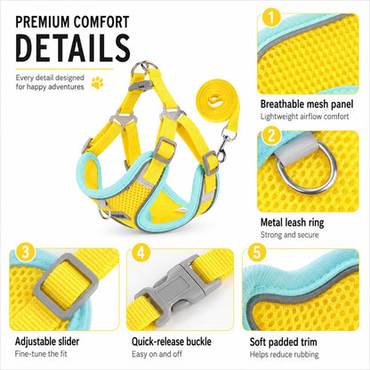 Adjustable Dog Harness and Leash Set, Reflective Mesh Puppy Vest Harness for Small Dogs and Cats-Yellow, S