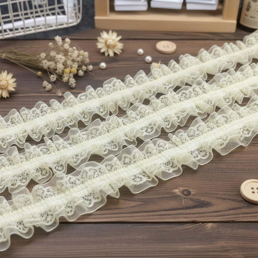 1.57" Chiffon Lace Ruffle Trim, Yellow Stretch Pleated Edge, 3.3 Yards | Yellow Chiffon Lace Ruffle Trim, 3.3 Yards Elastic Pleated Edge Ribbon for DIY Wedding Costumes, Bridal Gowns & Crafts