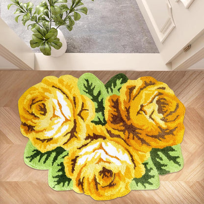 Romantic Yellow Rose Rug Floor Mat Handmade Bathmat Girls Bedroom Bathroom Area Rug Washable Non-Slip Floral Floor Carpets Doormat 2FTx3FT