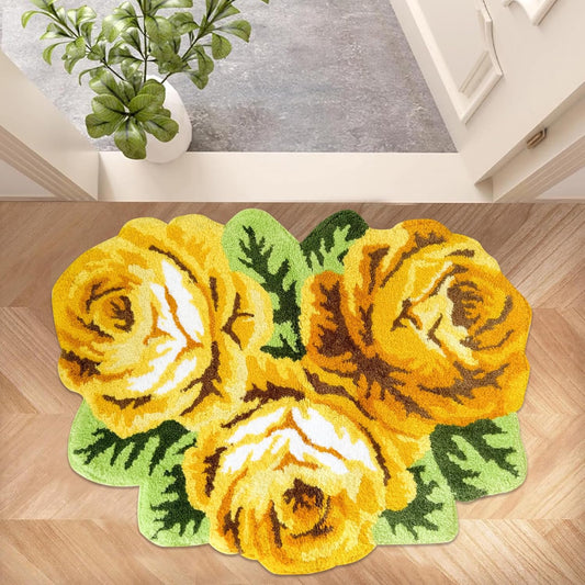 Romantic Yellow Rose Rug Floor Mat Handmade Bathmat Girls Bedroom Bathroom Area Rug Washable Non-Slip Floral Floor Carpets Doormat 2FTx3FT