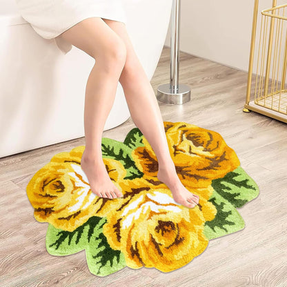 Romantic Yellow Rose Rug Floor Mat Handmade Bathmat Girls Bedroom Bathroom Area Rug Washable Non-Slip Floral Floor Carpets Doormat 2FTx3FT