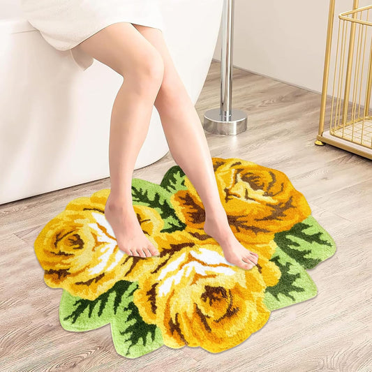 Romantic Yellow Rose Rug Floor Mat Handmade Bathmat Girls Bedroom Bathroom Area Rug Washable Non-Slip Floral Floor Carpets Doormat 2FTx3FT
