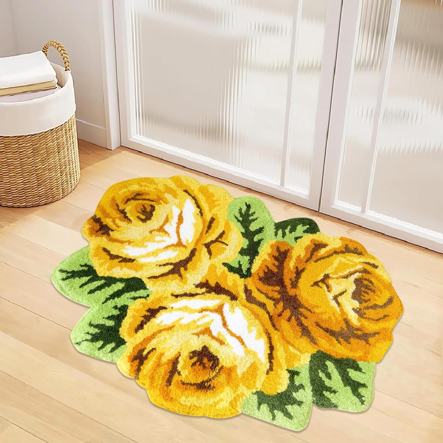 Romantic Yellow Rose Rug Floor Mat Handmade Bathmat Girls Bedroom Bathroom Area Rug Washable Non-Slip Floral Floor Carpets Doormat 2FTx3FT