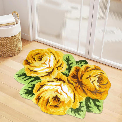 Romantic Yellow Rose Rug Floor Mat Handmade Bathmat Girls Bedroom Bathroom Area Rug Washable Non-Slip Floral Floor Carpets Doormat 2FTx3FT